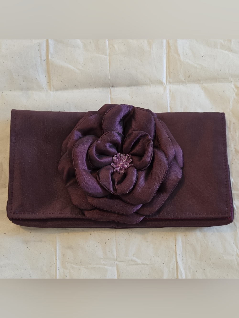 Elegant Plum Handmade Silk Floral Clutch with Beaded Center